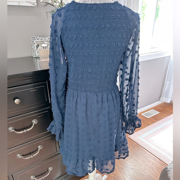 BTFBM Navy Swiss Dot Smocked Dress M - Picture 5 of 12